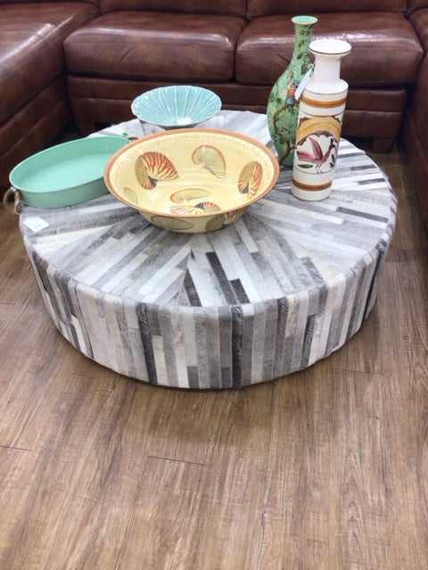 Round Grey & White Cow hide Ottoman