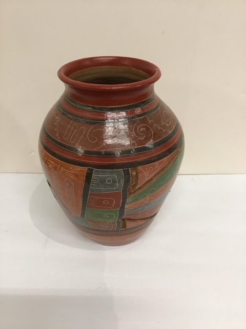 10" Painted & Etched Pottery Vase
