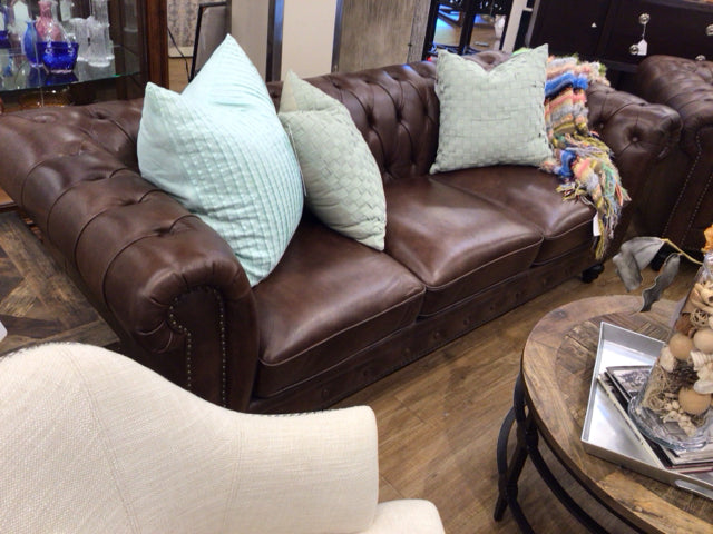 87" X 37" X 30" Abbyson Grand Chesterfield Brown Top Grain Leather Sofa