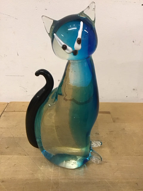 8" Blue Art Glass Cat