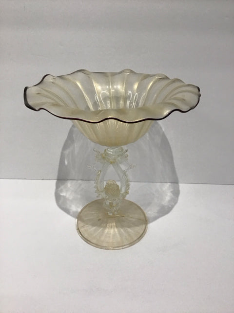 9" Murano Style Glass Bowl w/Pedestal Gold Accents