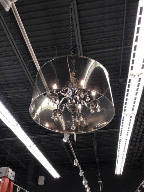 Round Drum Five Light Crystal Drop Chandelier