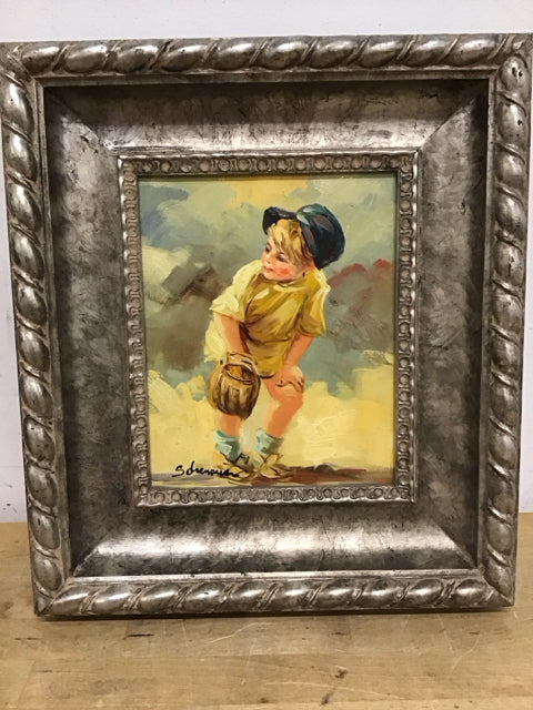 14x17 Framed Signed Schonenberg Little Leaguer Oil Painting