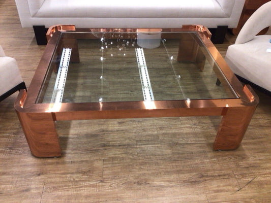 Custom Copper Wrapped Base Glass Top Coffee Table