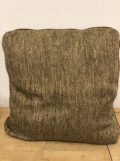 20" Brown Beige Cream Tweed Pillow W/Leather Trim