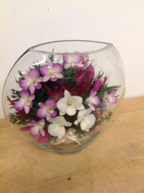 10" Glass Vase W Purple Orchids