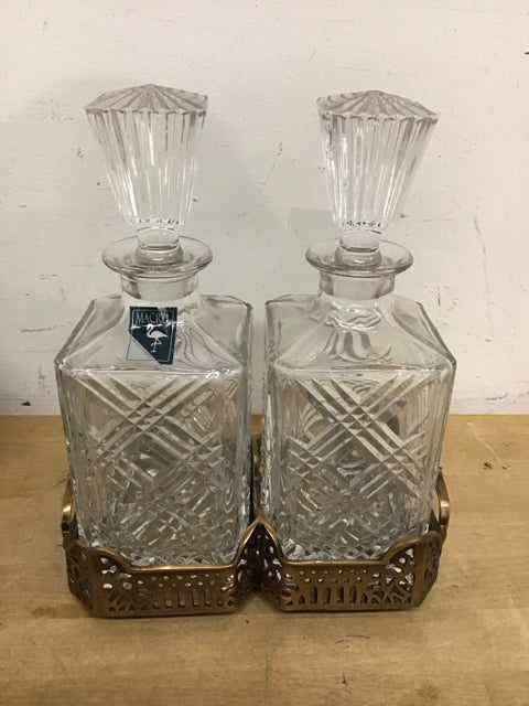Pair Of Macryl Crystal Metropolis Decanter W/Brass Stand