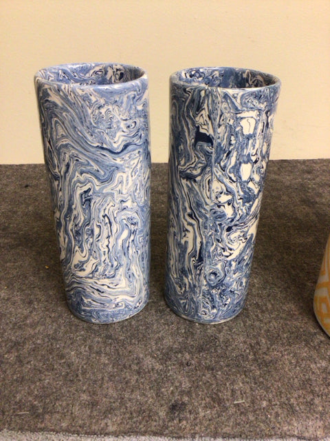 9 1/2" Pair Of Blue/White Swirl Cylinder Ceramic Vases