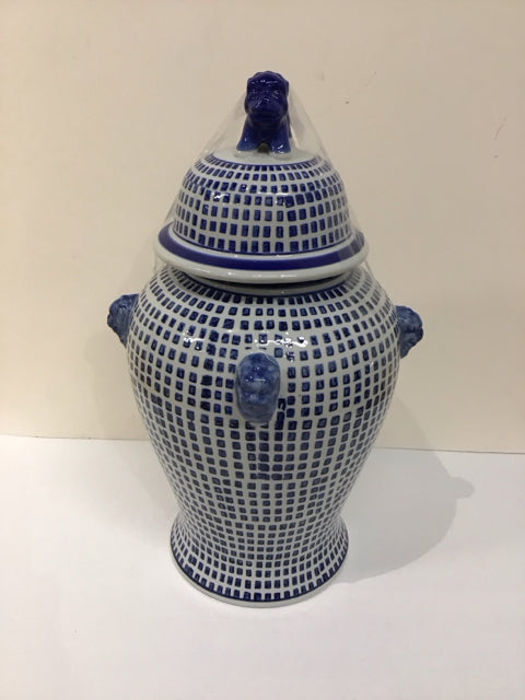 18" Blue/White Painted Foo Dog Urn