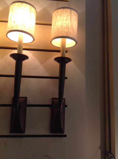 Sconce- Pair Of Brass Metal Linen Shades