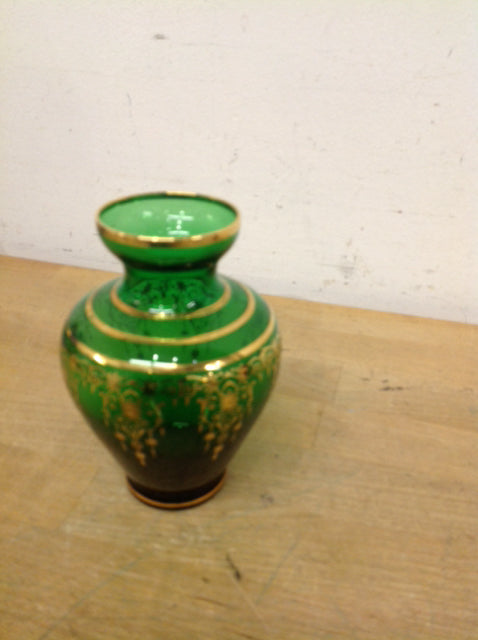 Vase- 5" Green & Gold Glass