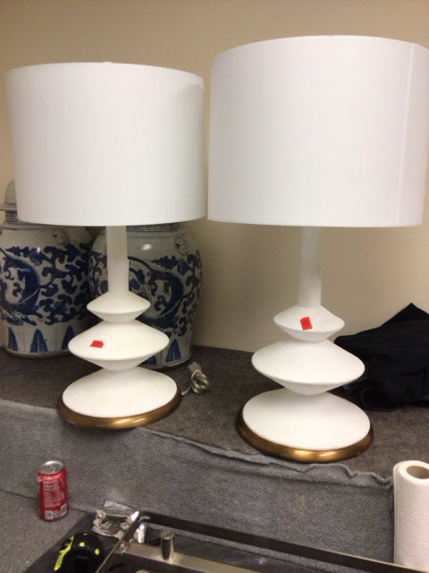 AS-IS Pair Of Curry & Company White Table Lamps W/Shades