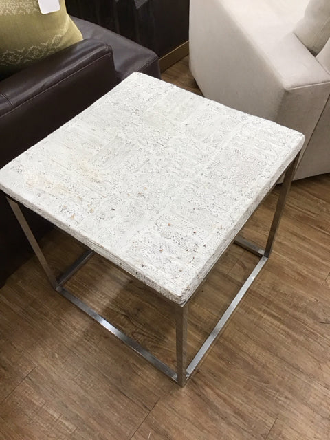 22" Square White Carved Wood Top Chrome Base End Table