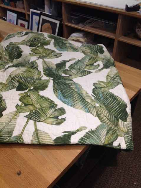 QUEEN Tommy Bahama Tan Quilted Bedspread w/Green Leaves