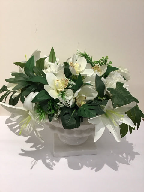 Faux Orchids & Lilies w/White Pedestal Planter
