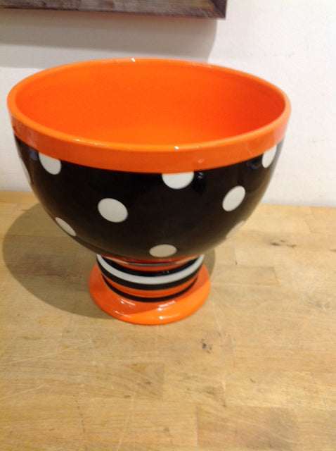 Bowl- 10" Footed Orange & Black Ceramic