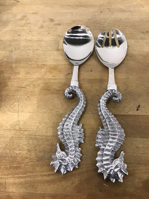 Set Of 2 Silvertone Seahorse Salad Spoons