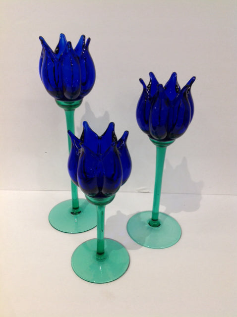 13.5,12,9.5 Graduated Blue/Green Crystal Candle Holders