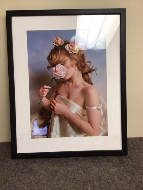29 1/2" X 23 1/2" Female Holding Pink Rose Black Framed Print