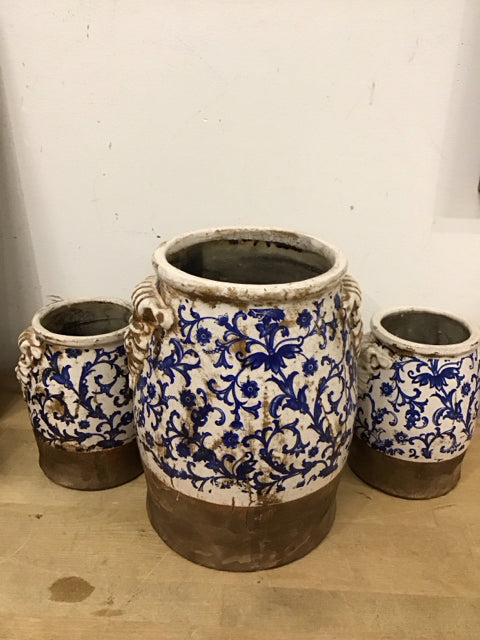 Set Of 3 Blue & White Didtressed Planter Pots