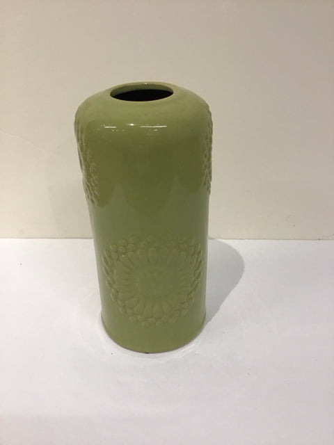 11" Green Ceramic Vase w/Floral Detail