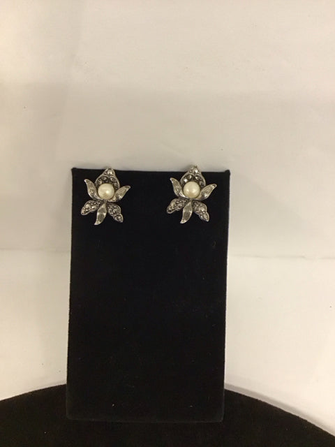 Silver Flower Stud Earrings w/Faux Pearls