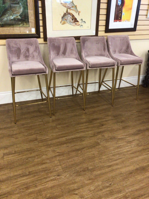 Set Of 4 Salmon Fabric Gold Leg Bar Stools