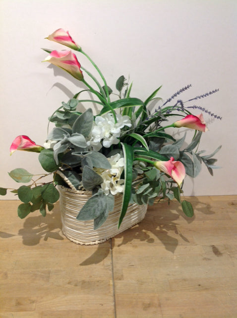 24" Faux Pink/White Calla Lilies in Basket