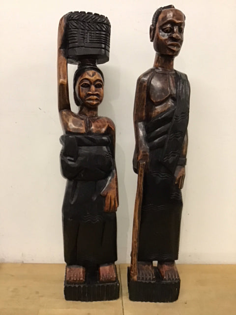 35" Female & Male Tribal Wood Sculptures