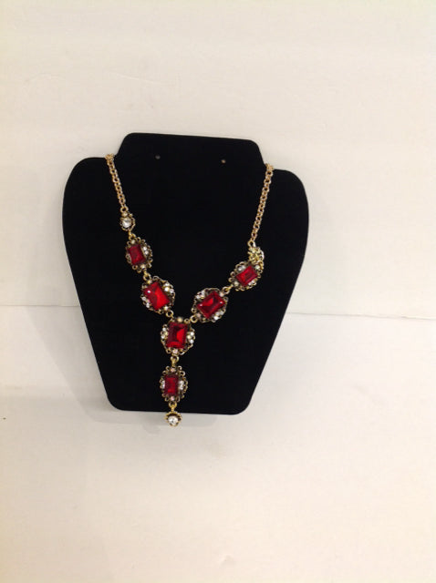 Gold Necklace w/Red Stones & Rhinestones