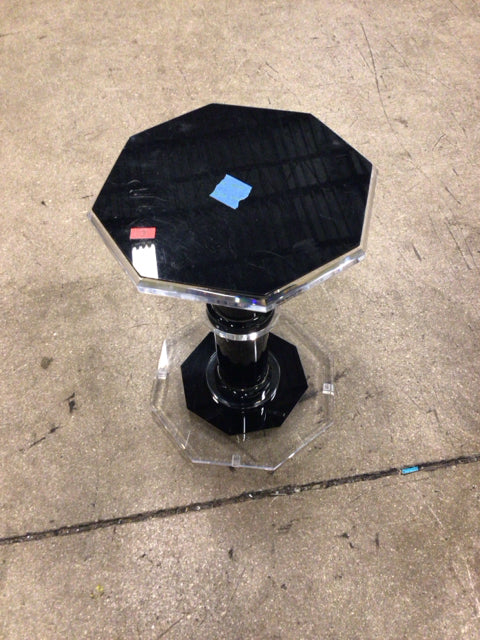 AS-IS Octagon Black & Clear Acrylic Pedestal End Table(Top Has Scrathes)