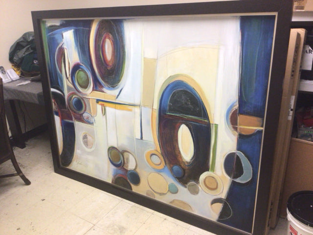 76 1/2" X 57 1/2" Dark Wood Framed Multi Color Circle Oil Painting On Canvas