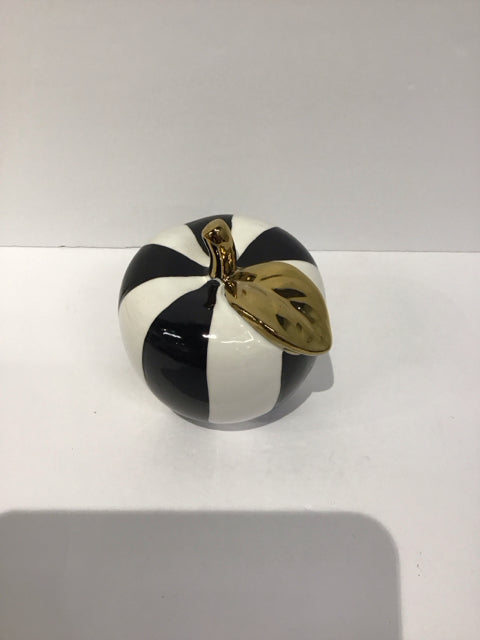 Black/White Painted Ceramic Apple w/Gold Stem