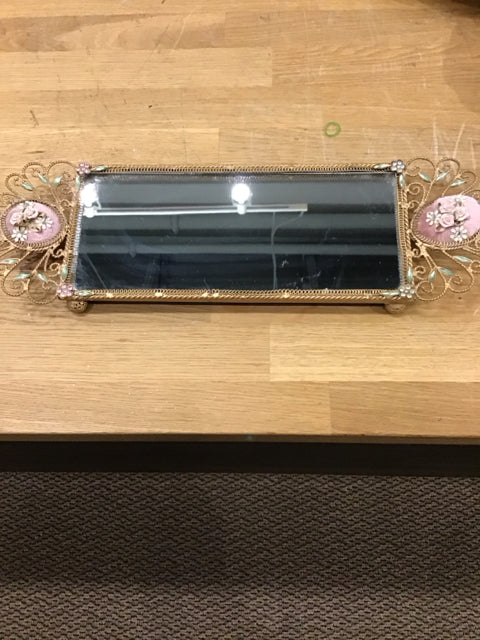 18"x6" Mirrored Gold Filigree Metal Vanity Tray