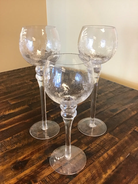 Set Of 3 Crackled Glass Goblet Candle Holders