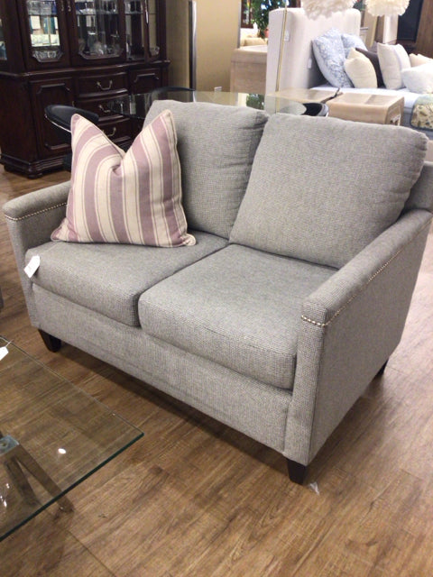 Grey Fabric Love Seat W/Silver Nail Heads