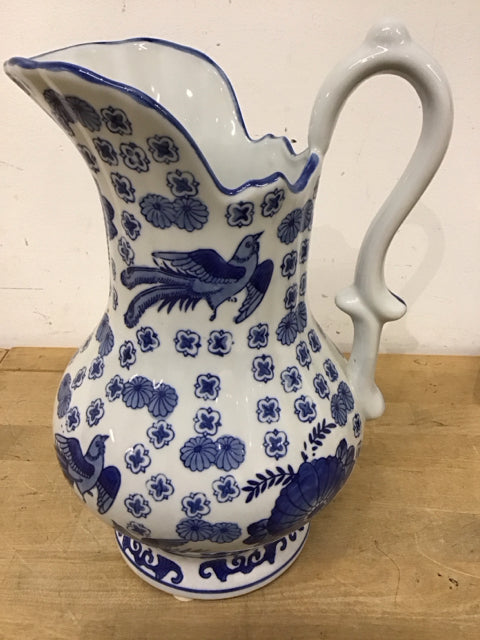 12" Blue & White Floral W/Birds Pitcher