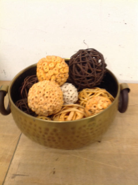 Bowl- 10" Gold Metal W Wicker Balls