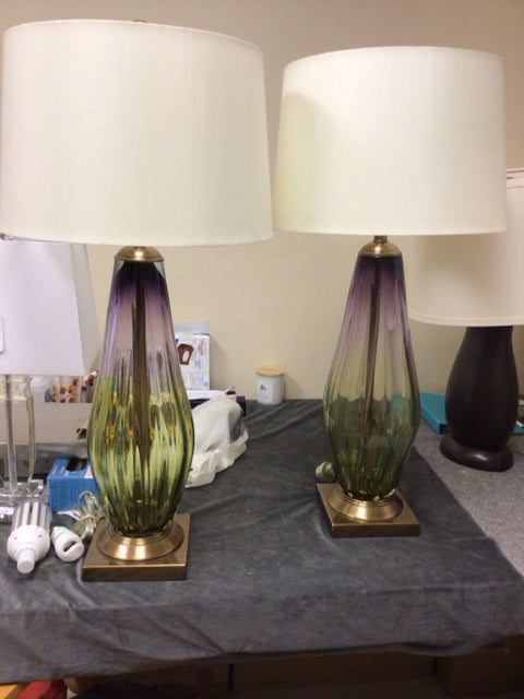 Pair Of Glass Table Lamps On Gold Base W/Shades