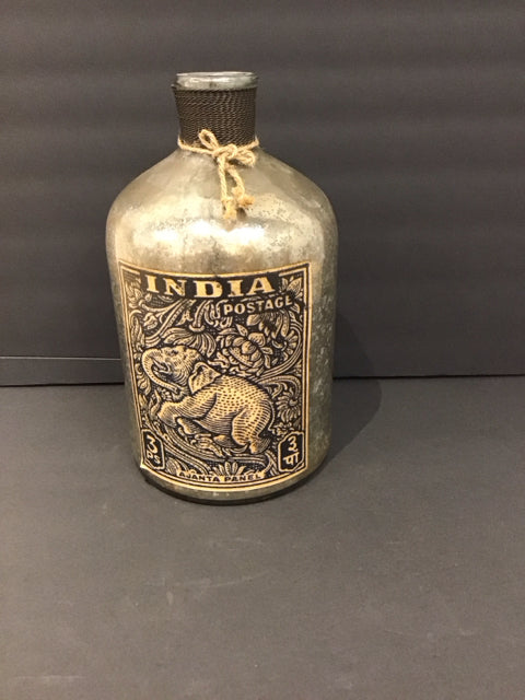 12" SIlver TOne Glass Bottle w/India Stamp Picture