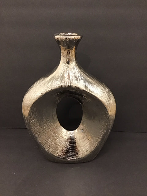 13" Abstract Silver Metal Etched Vase