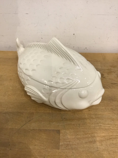 12" White Ceramic Fish Bowl W/Lid