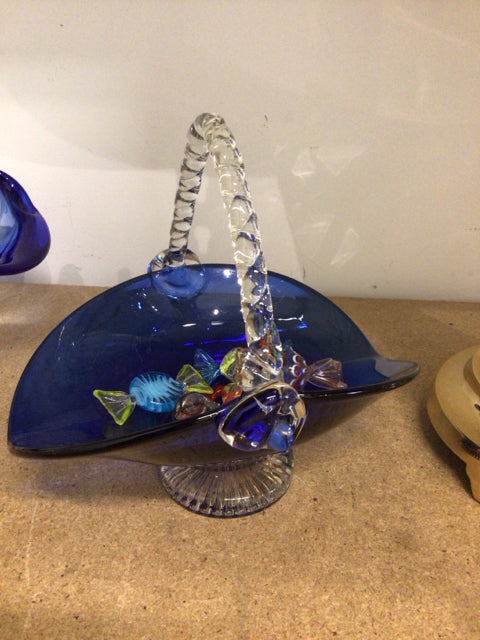 7 1/2" Blue Murano Style Glass Basket W/Murano Glass Candy PCS