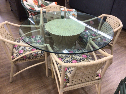 54" Mcguire Light Wood Round Glass Top Dining Table W/4 Chairs