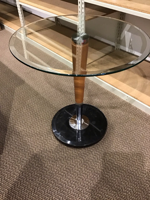 Wood & Chrome Pedestal Table W/30" Glass Top