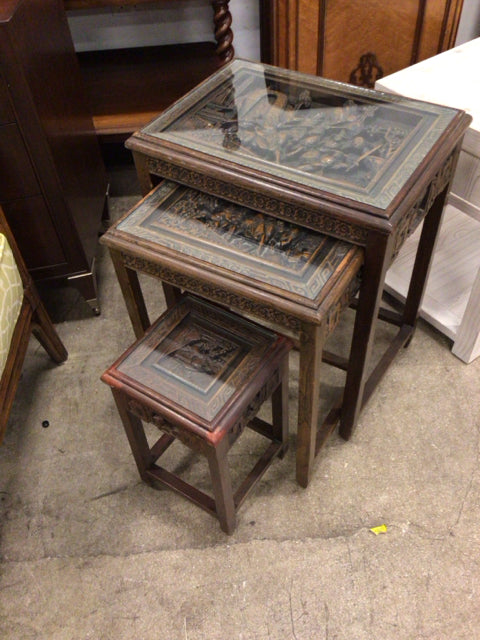 Set Of 3 Wood Carved Glass Top Nesting Tables