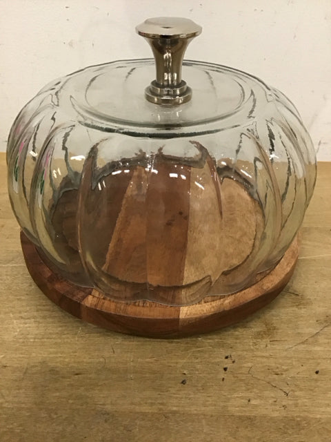 8" Wooden Tray W/Scalloped Glass Dome