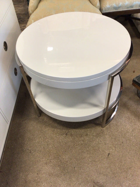 Mitchell Gold + Bob Williams Round White Lacqured And Chrome End Table