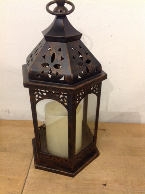 18" Bronze Metal Lantern W Candle