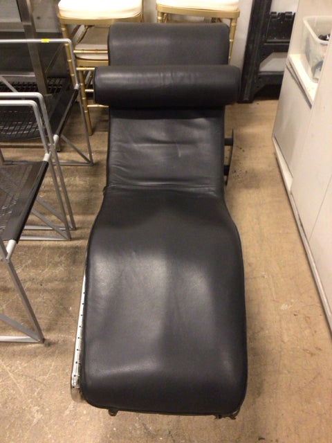 Le Corbusier Style Black Leather/Chrome Chaise